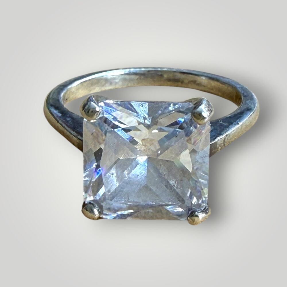 Vintage Sterling Silver 925 Princess Cut CZ Solitaire Ring Size 6